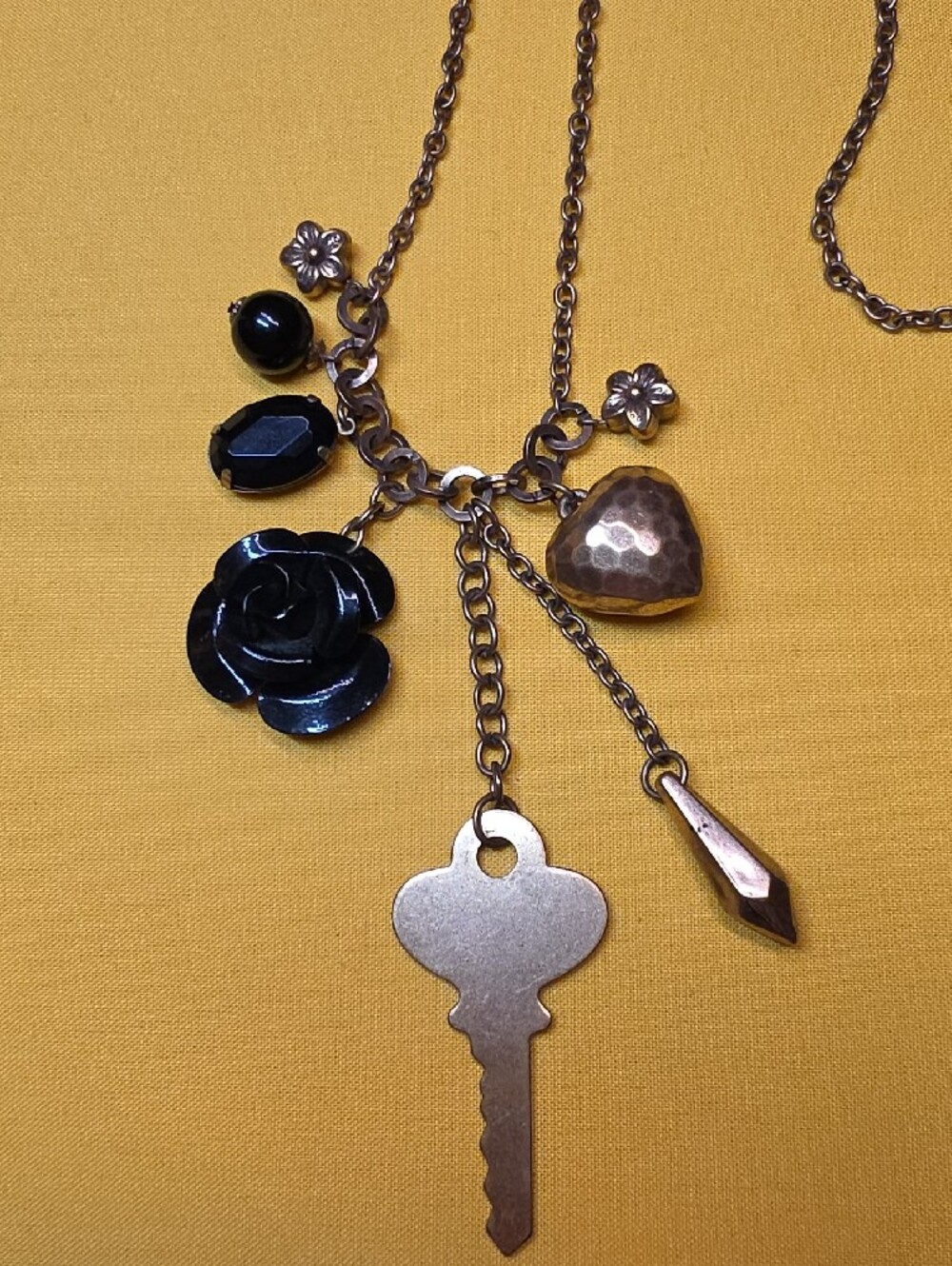 Vintage Napier Multi-Charm Cluster Necklace - 18" to 20" Black Rose, Key & Heart